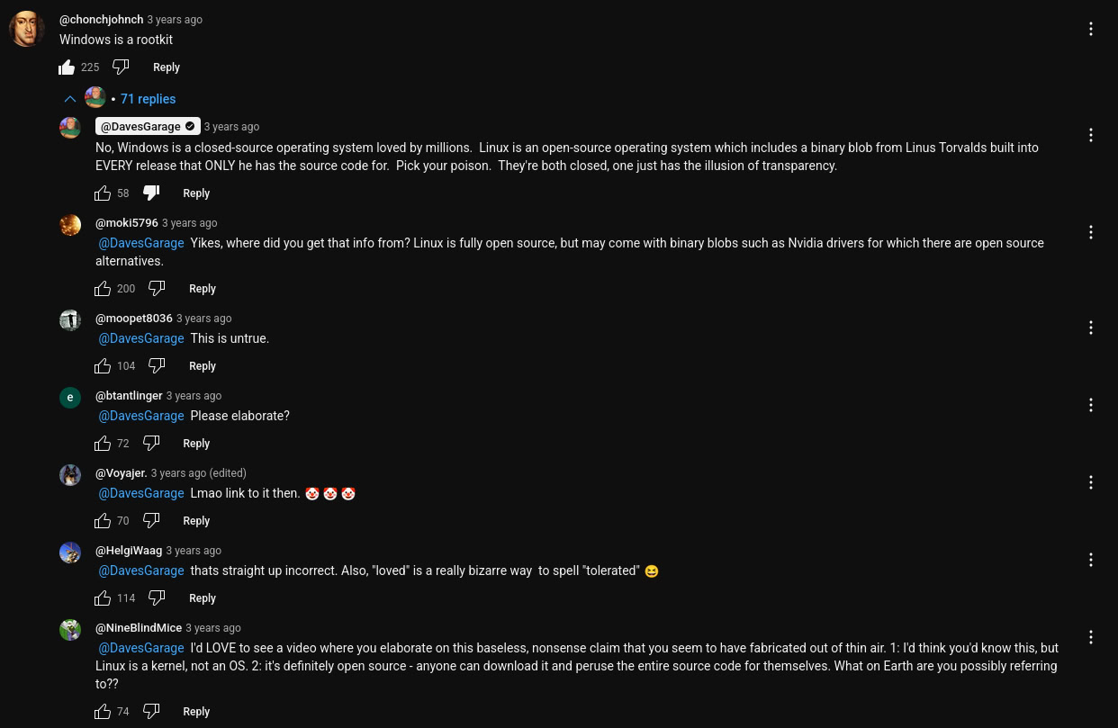 A screenshot of a comment thread in which Dave claims that the Linux Kernel contains a binary blob to which only Linus Torvalds has the code for